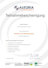 Zertifikat der Teilnahmebescheinigung im Online-Seminar für die Kalkulation in der Gebäudereinigung.